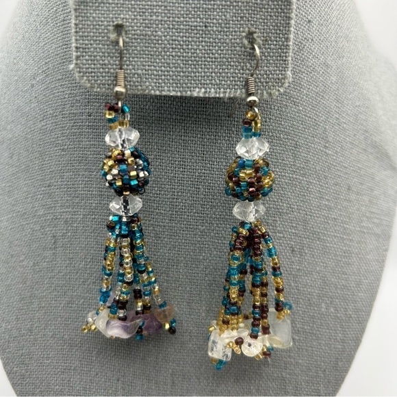 Blue Purple and Gold Seed Beaded Large Tassel Dangle Earrings - Picture 2 of 7